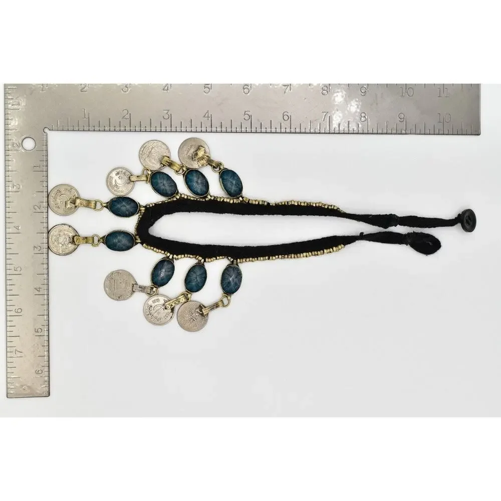 Vintage Coin Dangle Necklace Collar Bib Blue Crystal Black Fabric Silver BinBJ